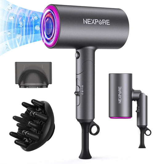 Hair Dryer, NEXPURE 1800W Professional Ionic Blow Dryer for Hair Care, Powerful Wind for Hair Drying, 2 Attachments, Grey