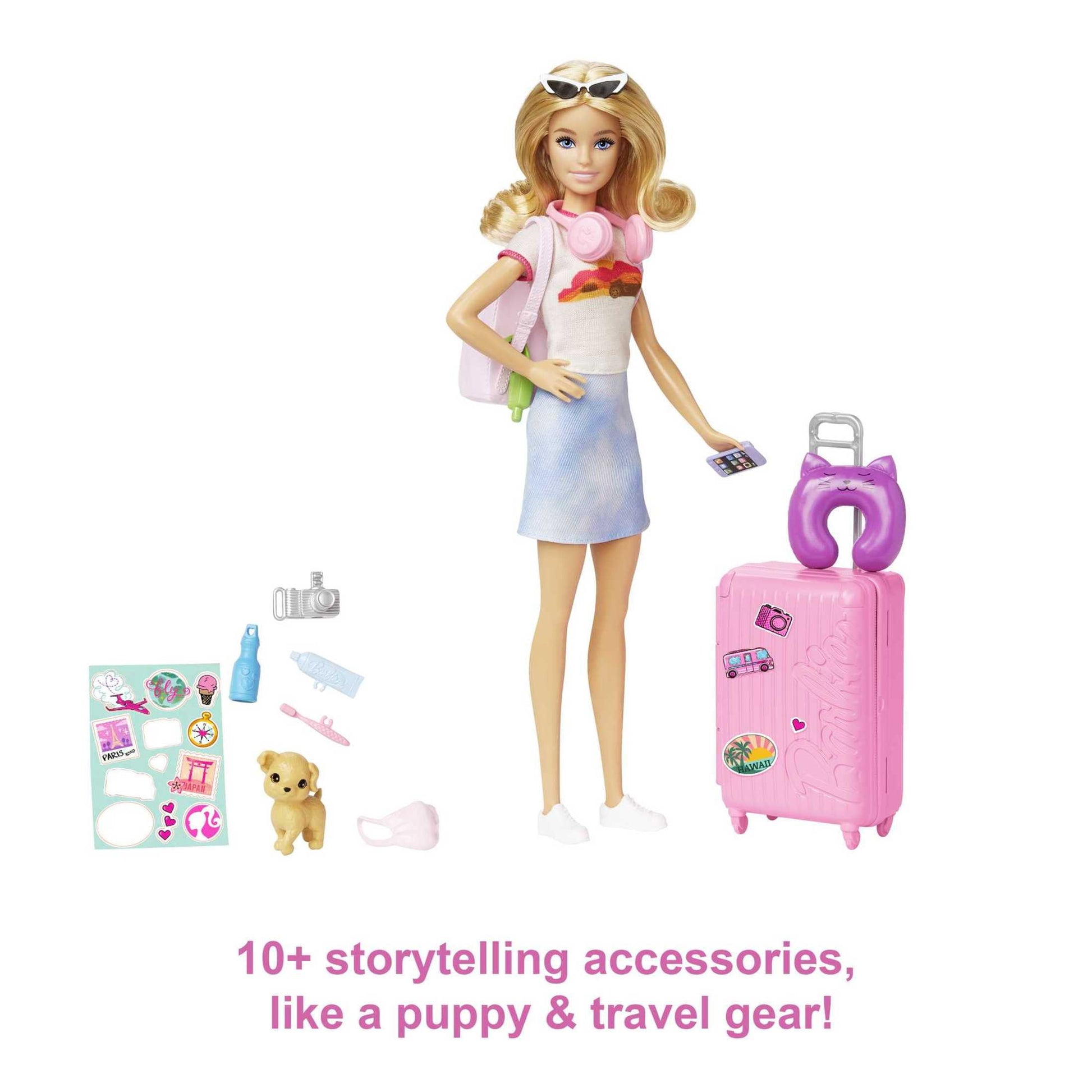 Barbie Doll and Accessories, 'Malibu' Travel Set with Puppy & Working Suitcase, 10+ Pieces