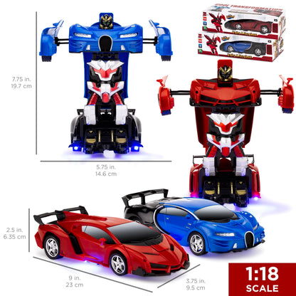 Best Choice Products Set of 2 1/18 Scale RC Remote Control Transforming Robot Sports Car Toys w/ 1 Button Transformation