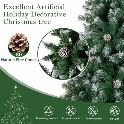 Yexmas 6ft Pre-Lit Realistic Artificial Christmas Trees,Green Christmas Trees with 1200 Flocked Frosted Tips & 80 Pine Cones,LED Lights Christmas Trees with 48 Inch Christmas Tree Skirt White