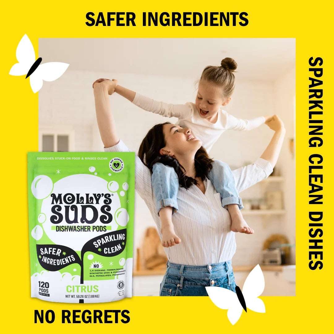 Molly's Suds Dishwasher Pods | Natural Dishwasher Detergent, Cuts Grease & Rinses Clean (Residue-Free) for Sparkling Dishes | 120 Auto-Release Tabs (Citrus)