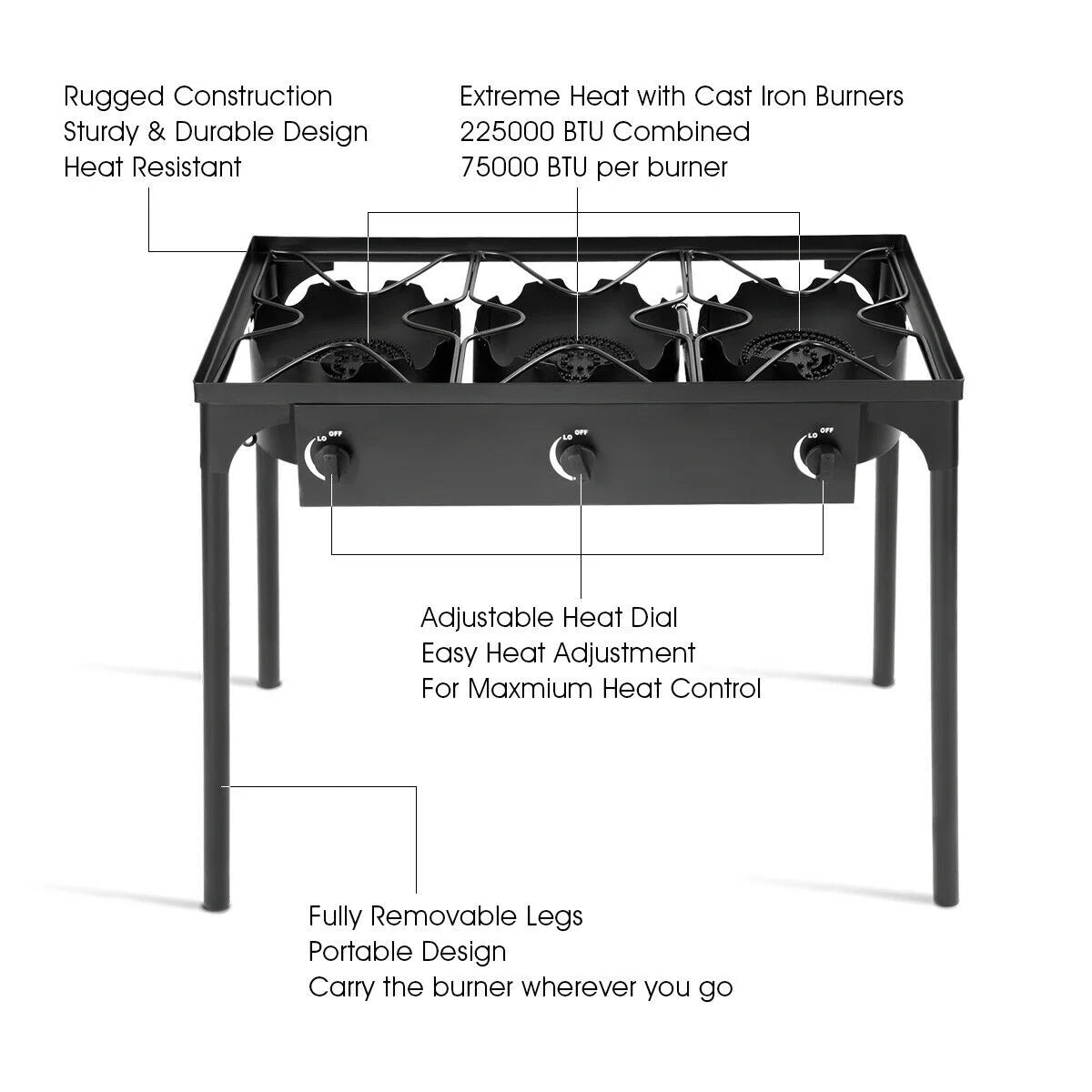 Goplus Portable Propane 225,000-BTU 3 Burner Gas Cooker Outdoor Camp Stove BBQ